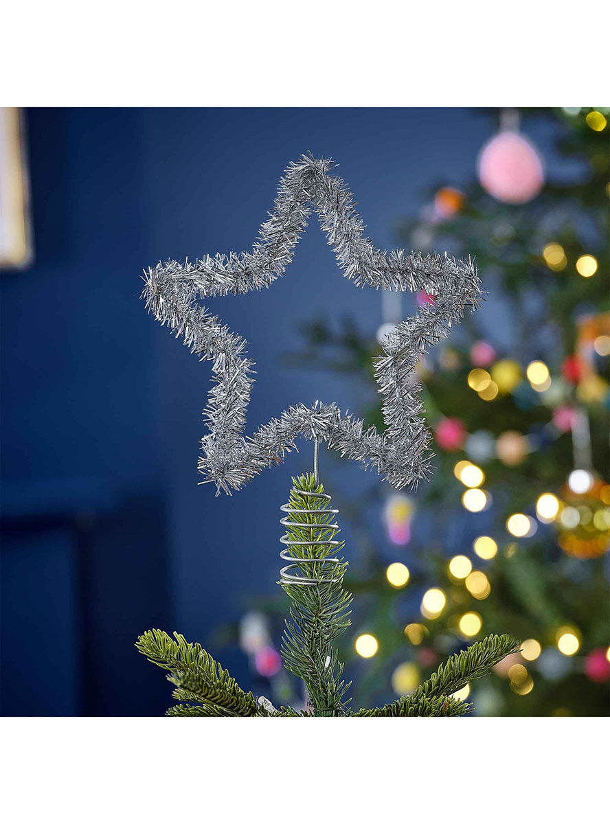 Merry And Bright Silver Tinsel Star Shaped Christmas Tree Topper – Lifestyle Image