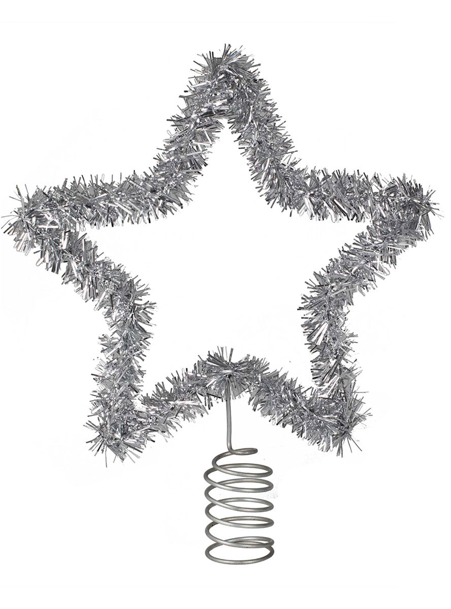 Merry And Bright Silver Tinsel Star Shaped Christmas Tree Topper – Main Image