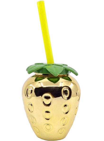 Image of Metallic Gold Strawberry Party Cup with Lid