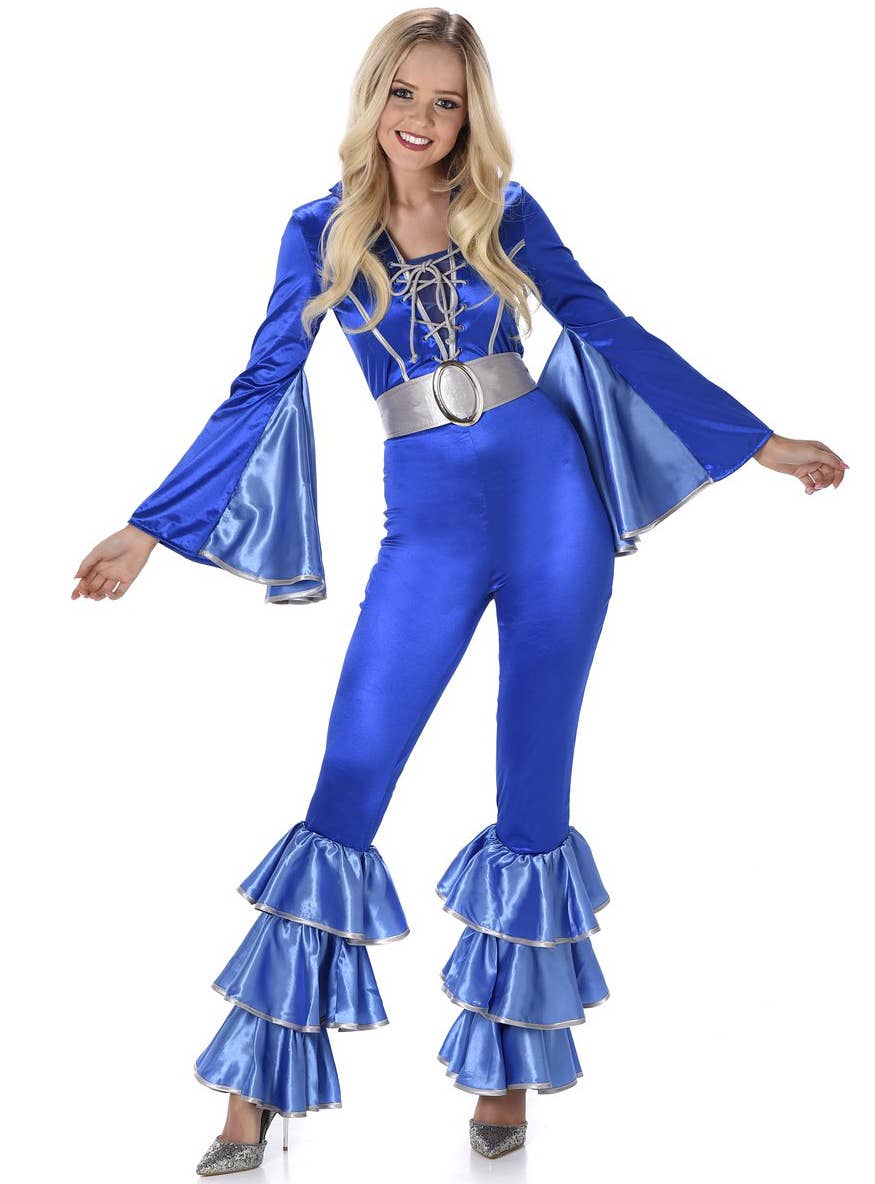 Flared Metallic Blue 1970's Eurovision ABBA Style Women's Costume Jumpsuit