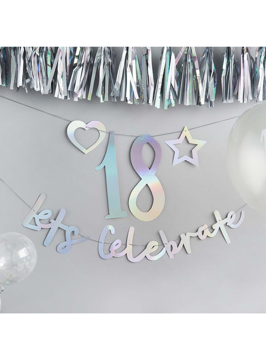 Metallic Mix Up 220cm Silver Iridescent Customisable Lets Celebrate Birthday Banner - Lifestyle Image