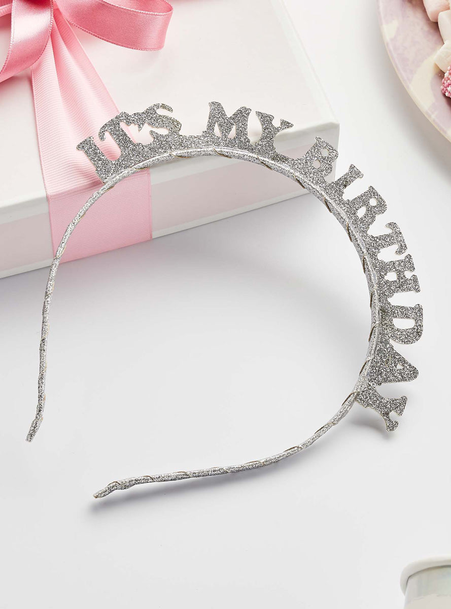 Metallic Mix Up Silver Glitter Its My Birthday Headband - Lifestyle Image