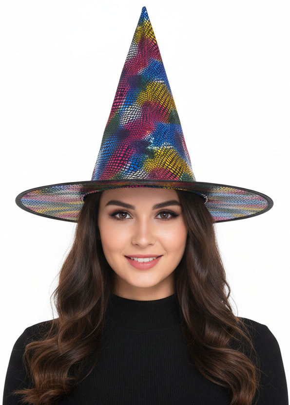 Image of Metallic Rainbow Snake Skin Print Witch Hat Accessory - Main Image