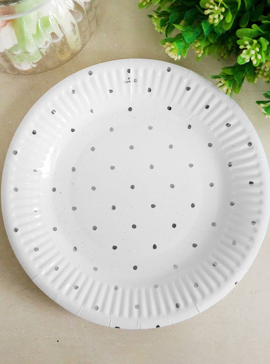 Image of Silver and White Polka Dot 12 Pack 18cm Paper Plates