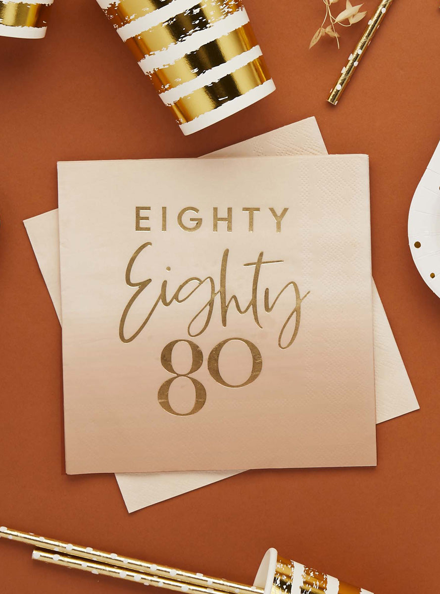Milestone Birthday 16 Pack Gold Foiled 80th Lunch Napkins - Lifestyle Image