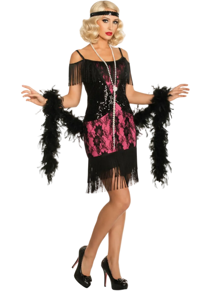 Pink and Black Lace 1920's Women's Flapper Dress Costume - Main Image