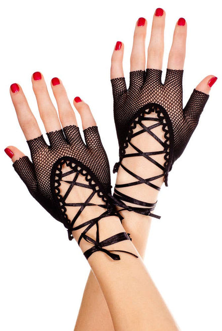 Fingerless Black Lace Up Adult's Fishnet Gloves