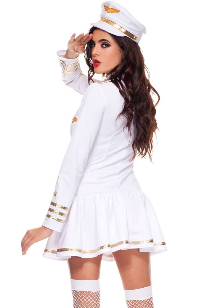 White and Gold Women's Sexy First Class Air Hostess Costume - Back Image