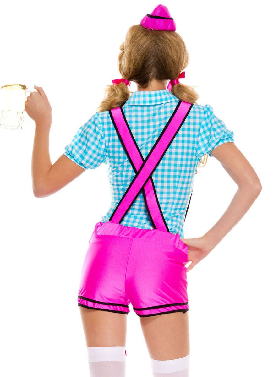 Women's Sexy Pink and Blue Lederhosen Oktoberfest Costume Back Image