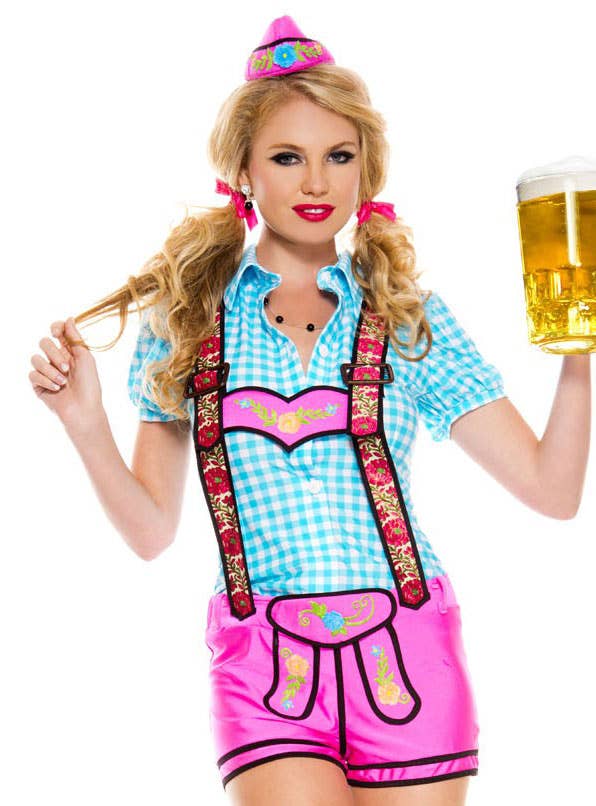 Women's Sexy Pink and Blue Lederhosen Oktoberfest Costume Close Front Image