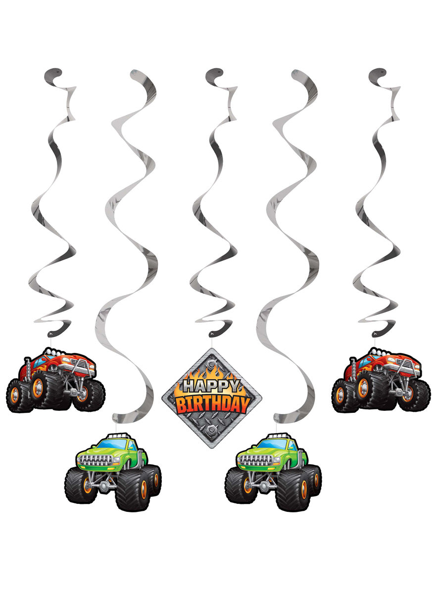Monster Truck Rally 5 Pack Hanging Swirl Decorations – Main Image