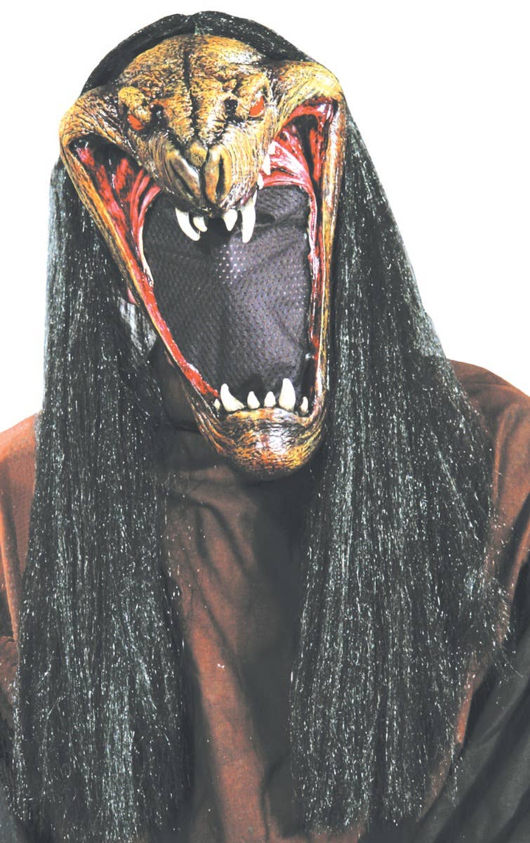 Brown And Black Viper Latex Mask Halloween Costume Mask With Attached Hair Costume Accessory Main Image
