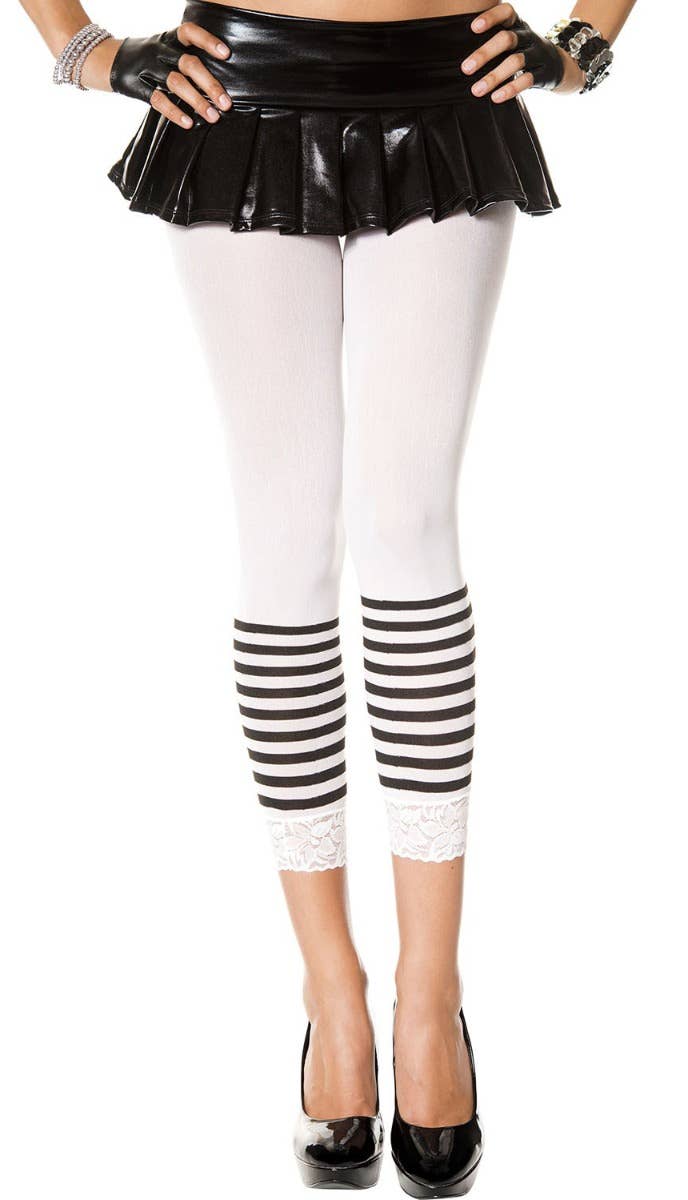 Opaque White Leggings with Lace Trim