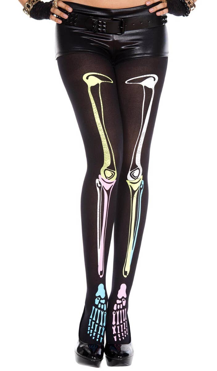 Neon Rainbow Skeleton Print Halloween Stockings for Women Main Image