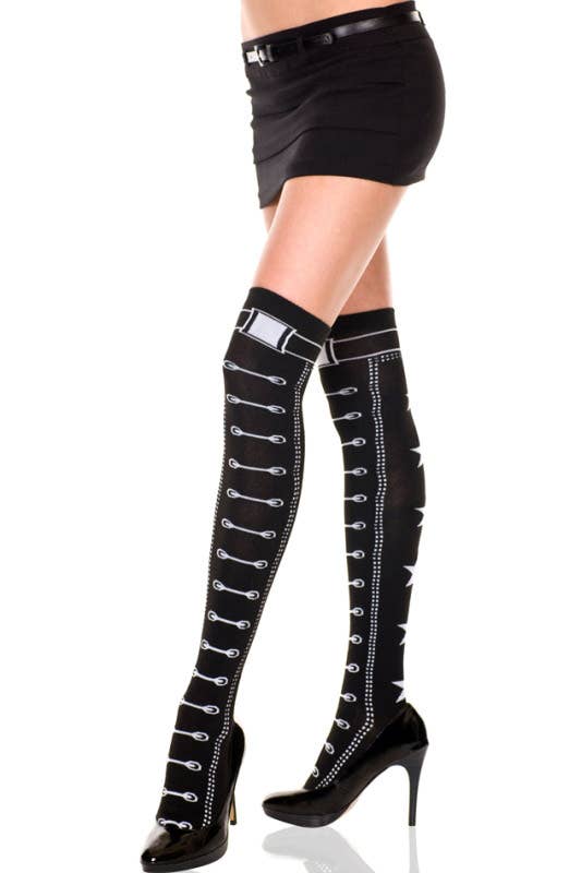 Black and White Thigh High Soldier Boot Costume Stockings