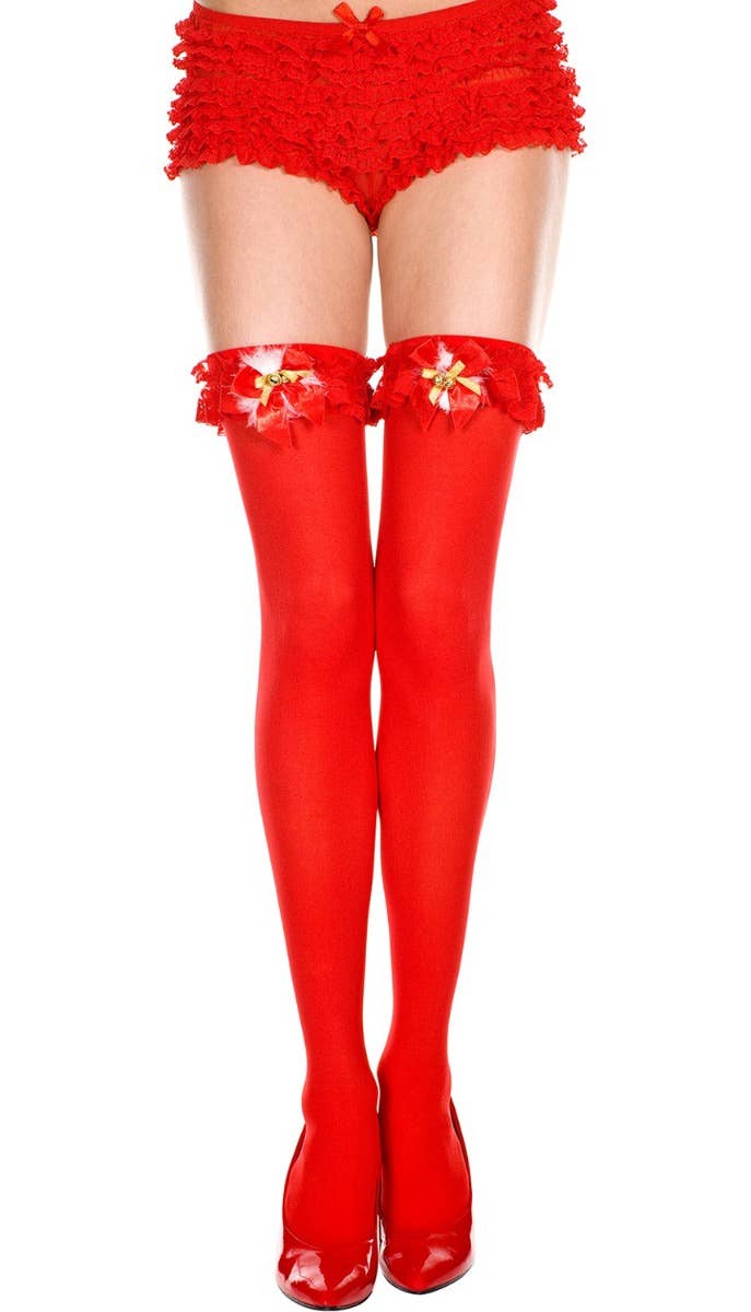 Women's Sexy Red Opaque Thigh Highs with Christmas Bells