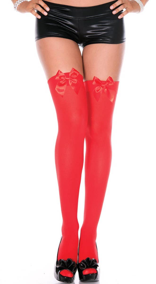 Opaque Red Thigh High Women's Stockings with Red Bows