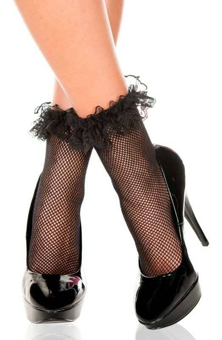 Black Fishnet Frill Ankle Socks Sexy Costume Accessory - Main Image