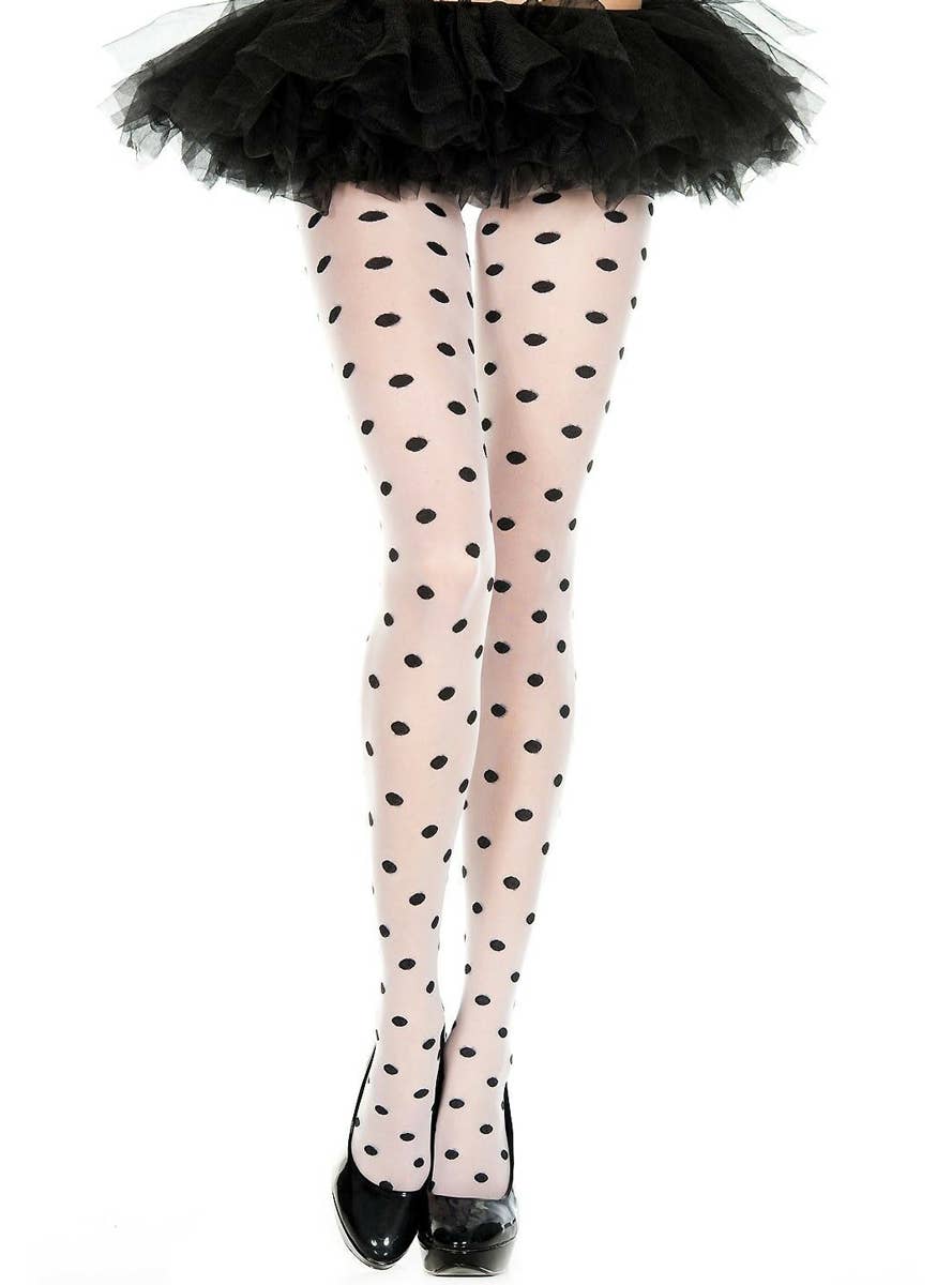 Women's Opaque White Full Length Stockings with Black Spots