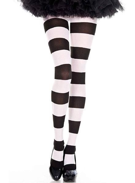 Women's Full Length Wide Black and White Striped Stockings