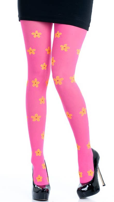 Opaque Pink Panyhose with Yellow Flowers Womens Hippie Costume Accessory - Main Image