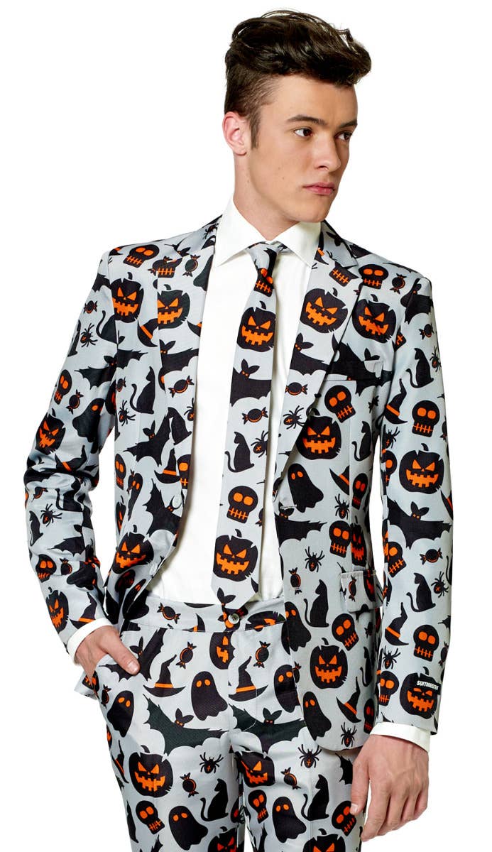 Men's Halloween Grey Spooky Print Novelty Suitmeister Suit Front Zoom Image