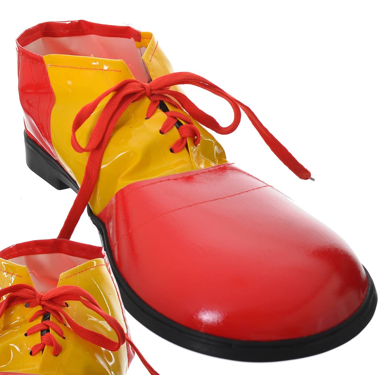 Red and Yellow Adults Novelty Oversized Clown Shoes Close Up Image