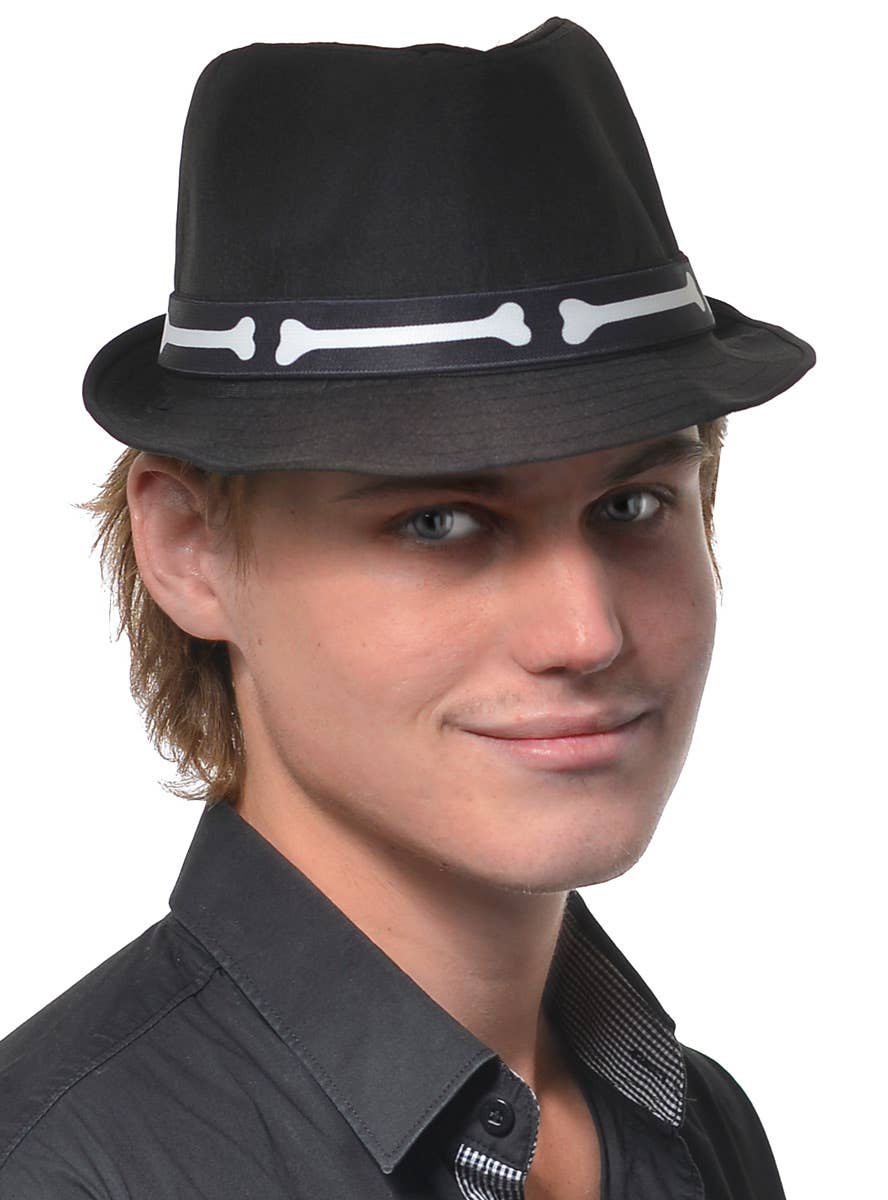 Bone Print Mens Black Fedora Halloween Costume Hat - Main Image