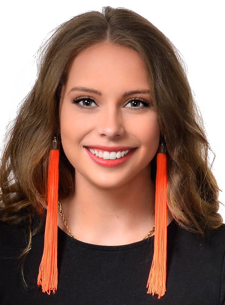 Long Neon Orange Tassel Earrings 80's Costume Jewellery