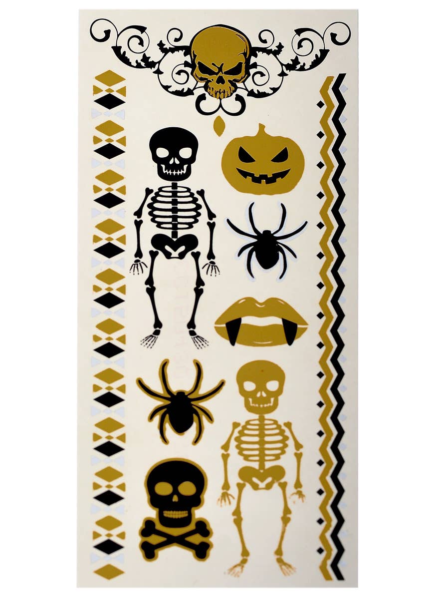 Temporary Black and Gold Halloween Themed Body Tattoos - Main Image