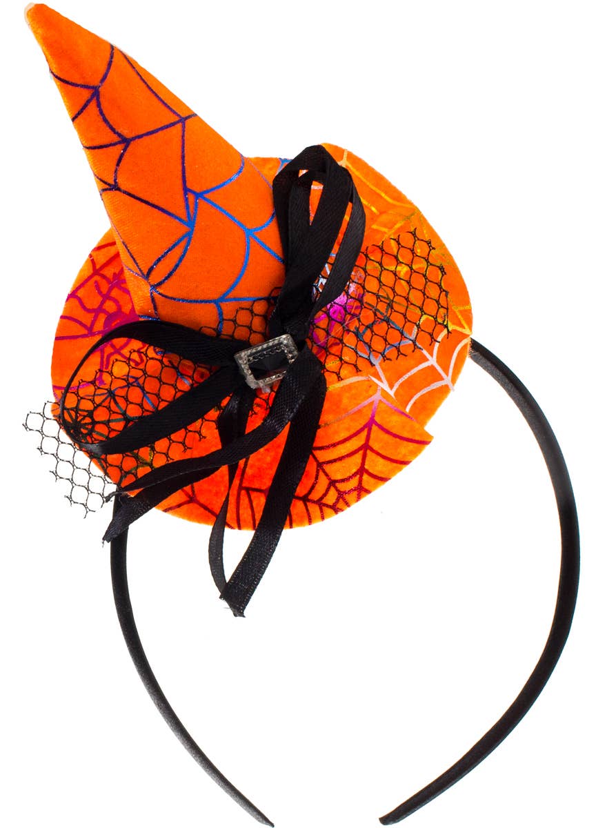 Orange Mini Witch Hat on Headband with Rainbow Spiderweb Print