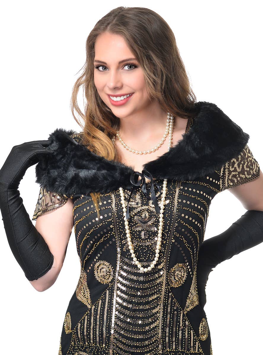 Black Faux Fur Women's 1920s Gatsby Fur Wrap Close Up Image