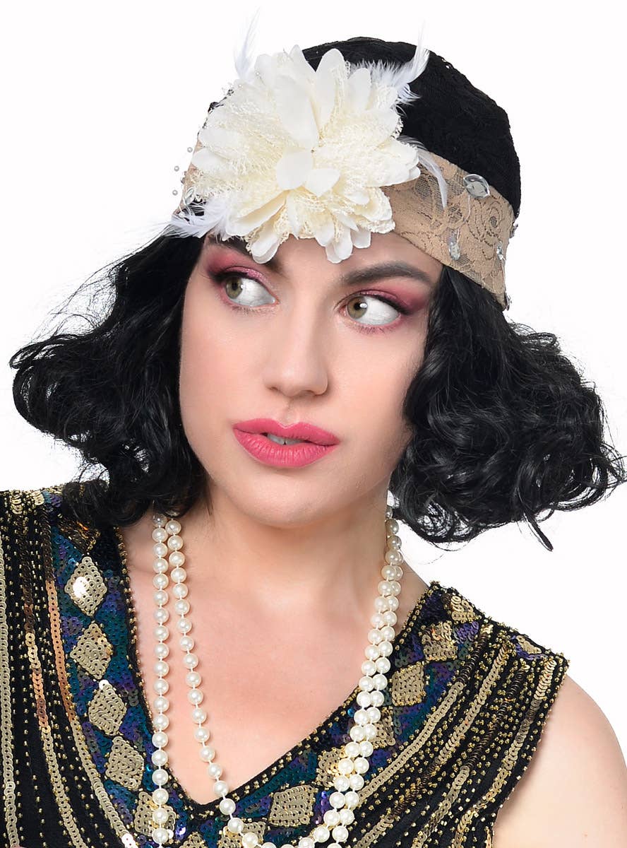 Beige Lace 1920's Costume Hat with Large Cream Flower