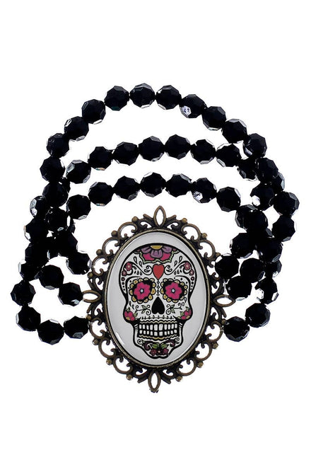 Sugar Skull Bracelet with Black Beads