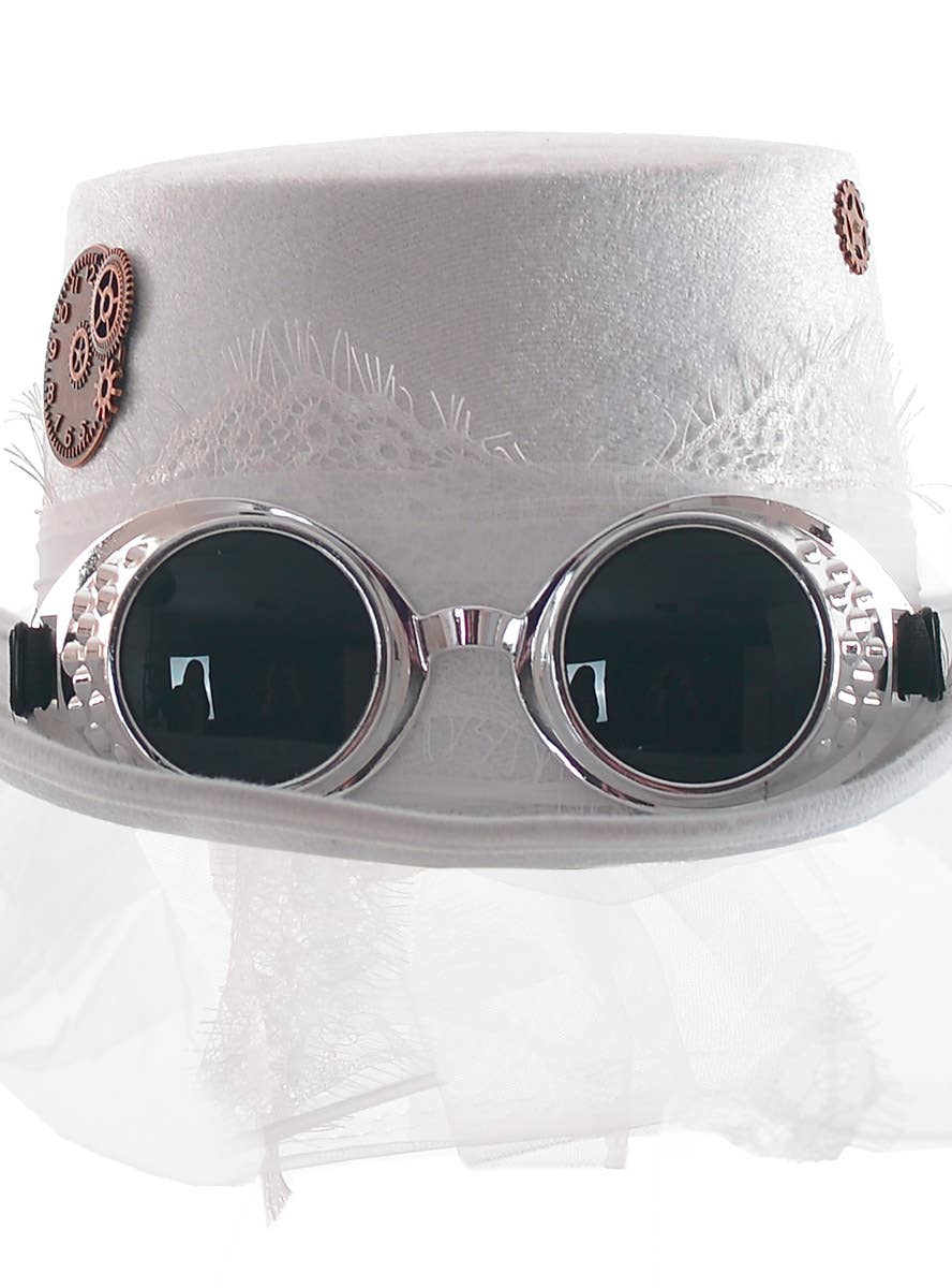 White Velvet Top Hat with Goggles and Veil - Close Up Image