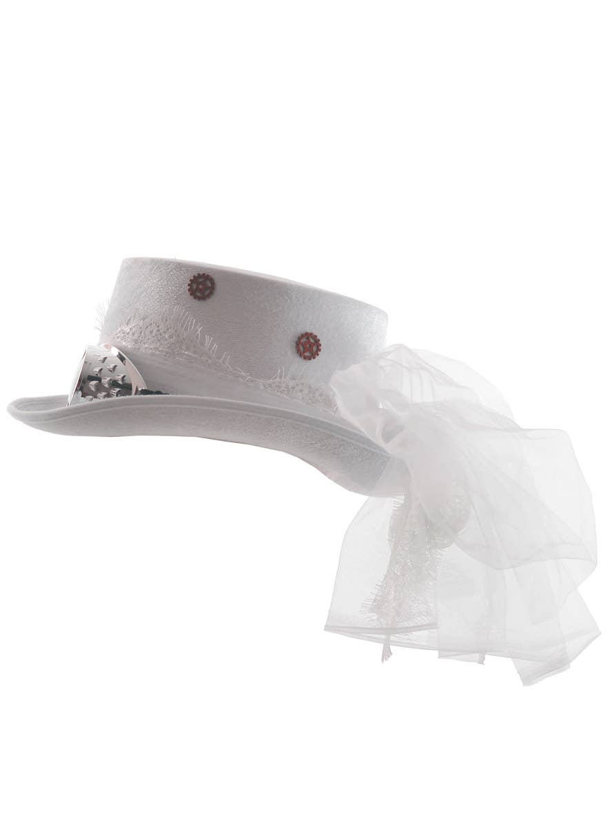 White Velvet Top Hat with Goggles and Veil - Side Image
