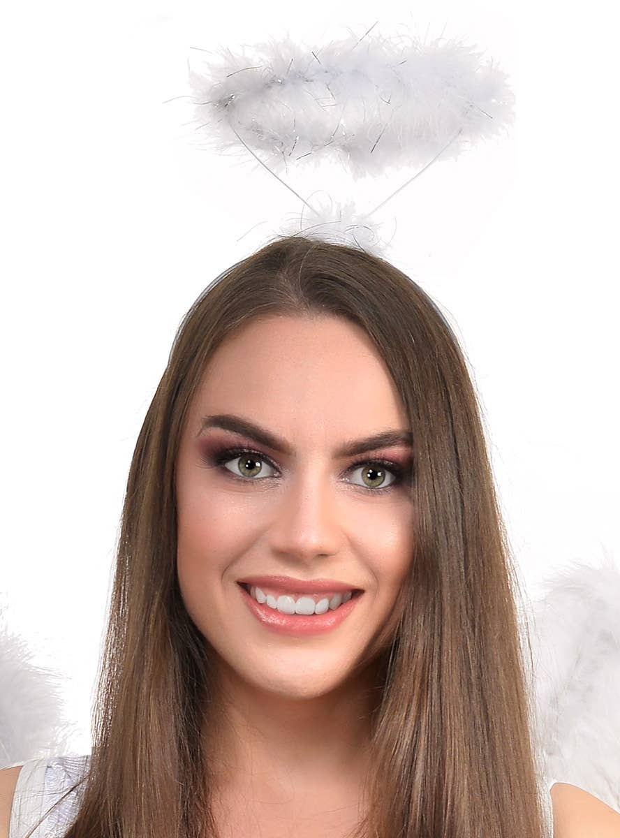 White Feather Halo Headband with Silver Tinsel