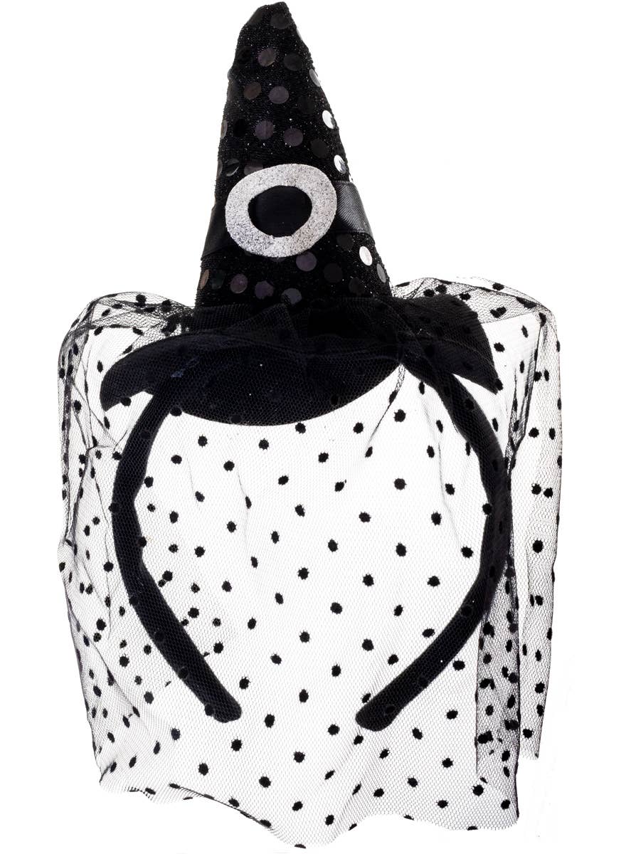 Black Mini Witch Hat Headband with Polka Dot Veil - Alt Image