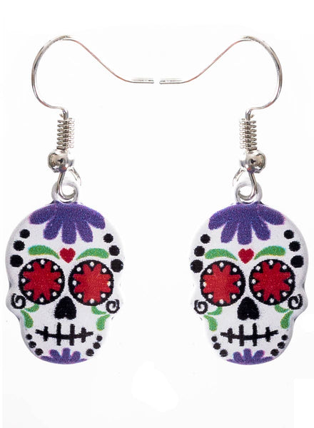Purple and White Day of the Dead Sugar Skull Earrings