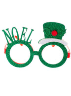 Image of Novelty Green Glitter Glasses with Noel and Christmas Hat