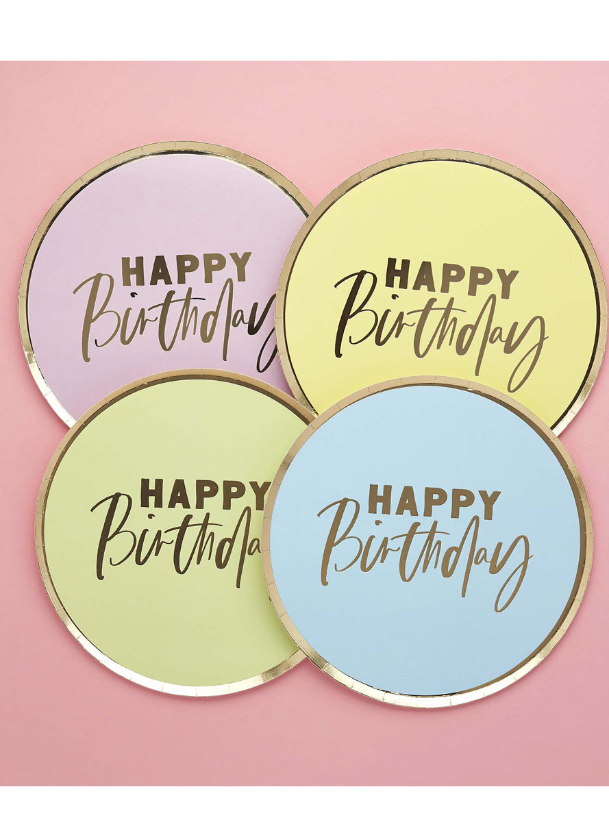 Pastel Happy Birthday Assorted Colours 8 Pack 23cm Paper Plates – Lifestyle Image