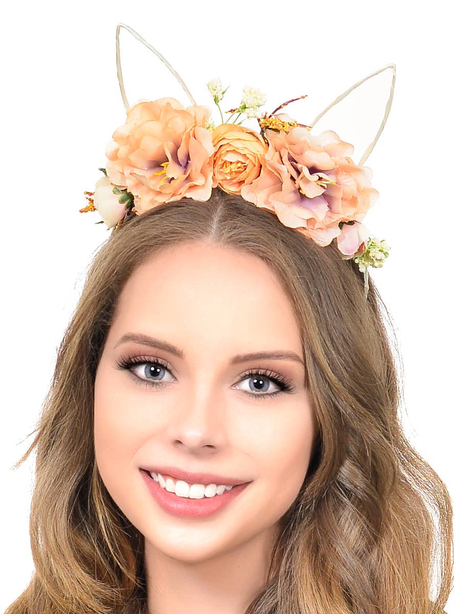 Pastel Orange Flowers Costume Accessory Headband with Animal Ears - Main Image
