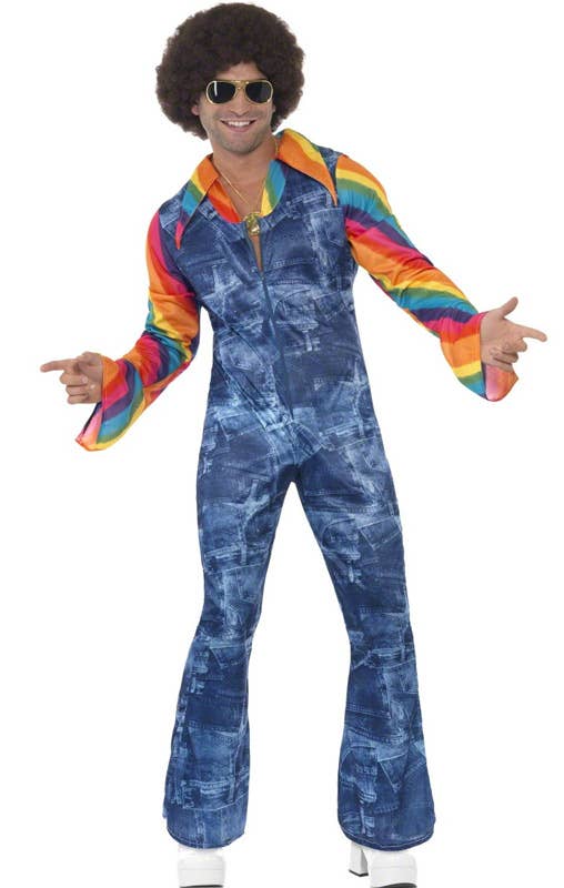 Funky Patchwork Denim Men's 1970s Jumpsuit Disco Costume - Main