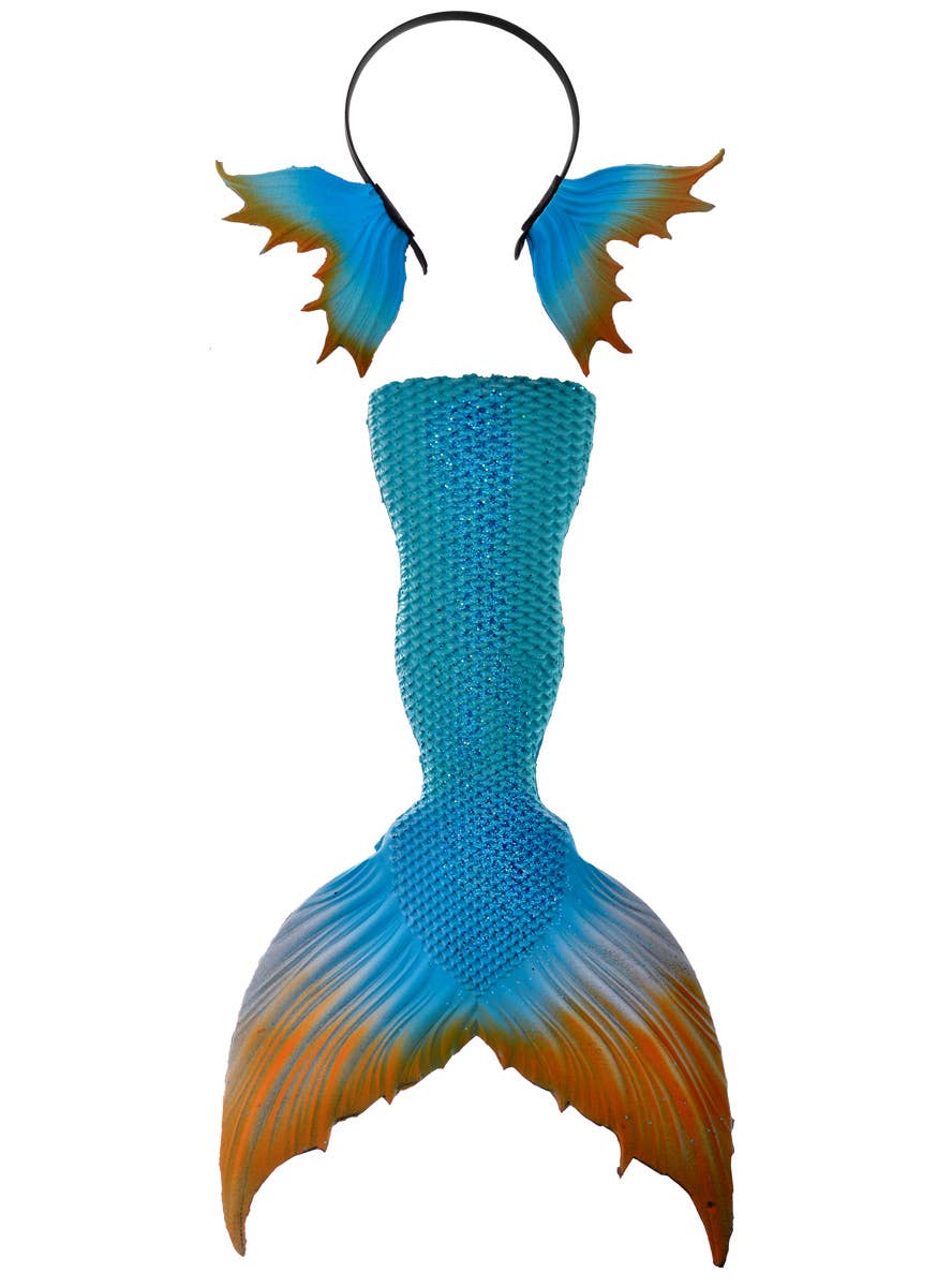 Deluxe Blue and Orange Latex Mermaid Costume Accessory Set with Tail and Fins Headpiece - Set Image