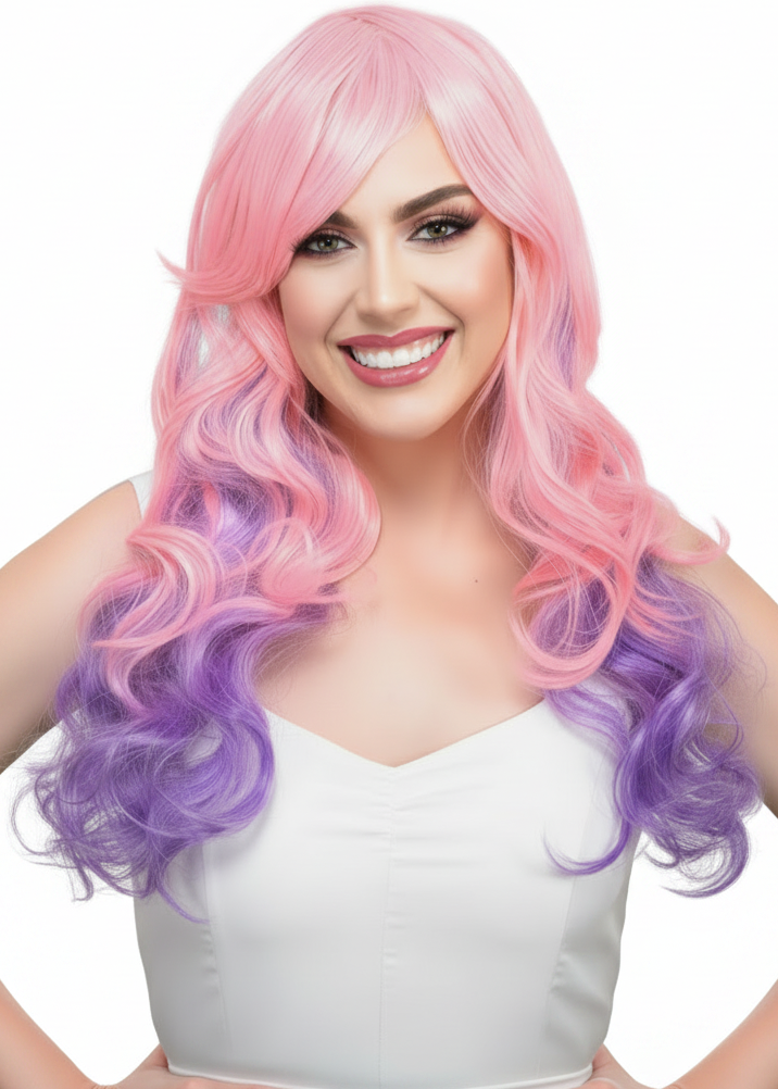 Pastel Pink and Purple Curly Wig with Side Fringe - Main Image