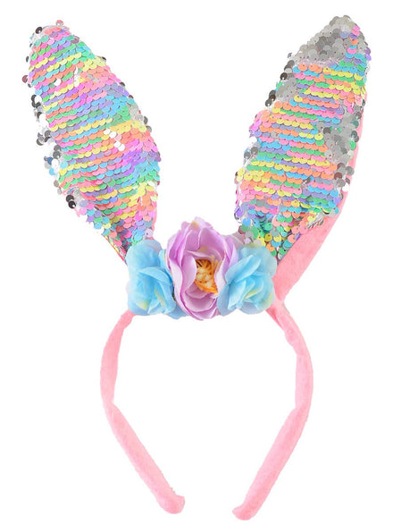 Reversible Pink and Silver Sequin Bunny Ears With Flowers