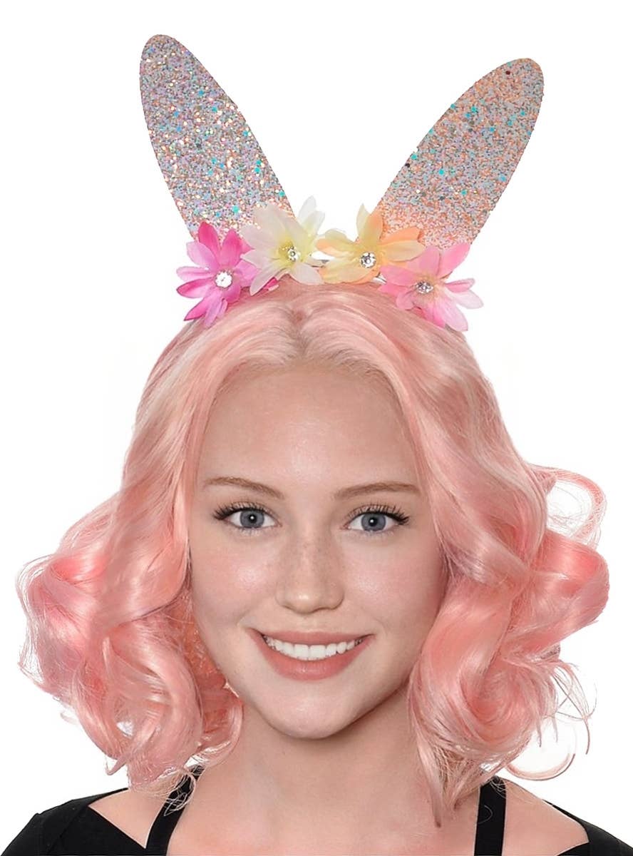 Pink Glitter Bunny Ears on Headband Costume Accessory