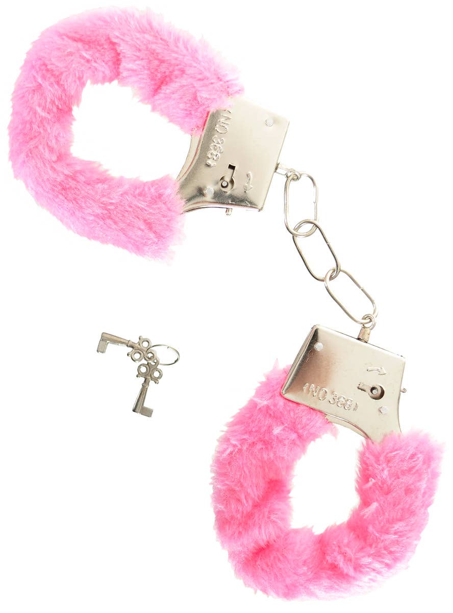 Image of Furry Pink Novelty Silver Metal Handcuffs with Keys
