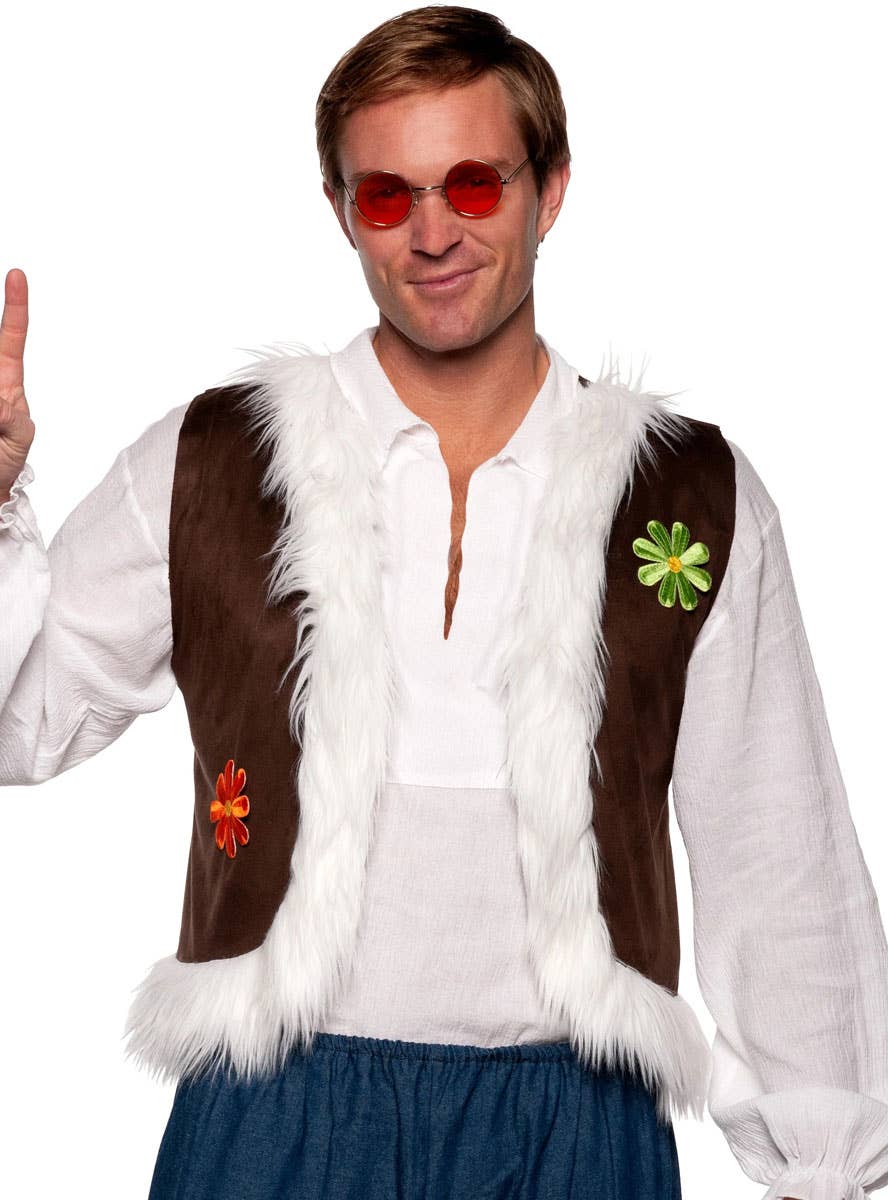Mens Plus Size 70s Woodstock Hippie Costume Vest with Fur