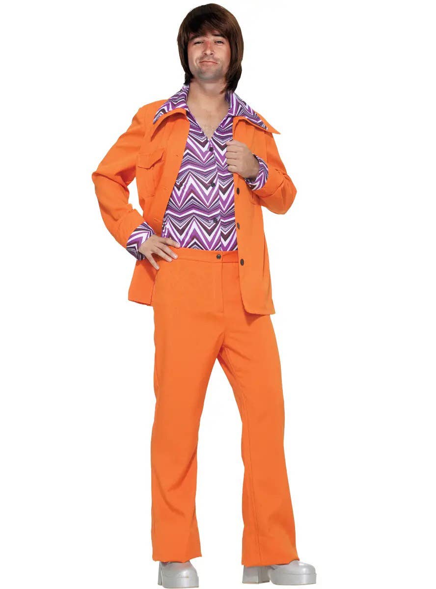 Groovy Orange 1970s Mens Plus Size Leisure Suit Costume - Mian Image